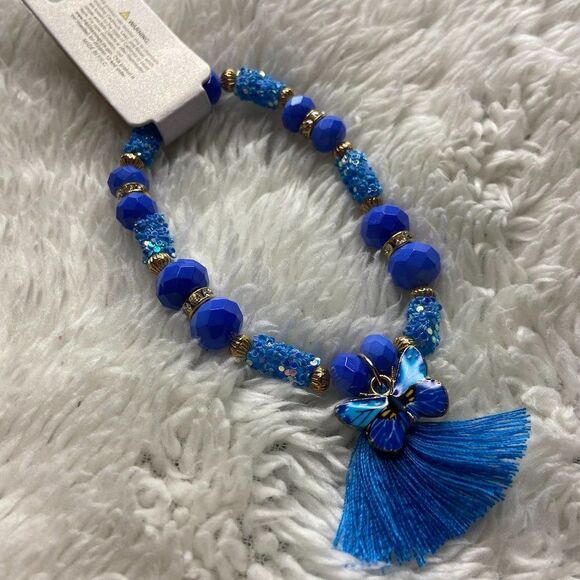 BLUE Beaded Butterfly Tassel Bracelet - Picture 2 of 4